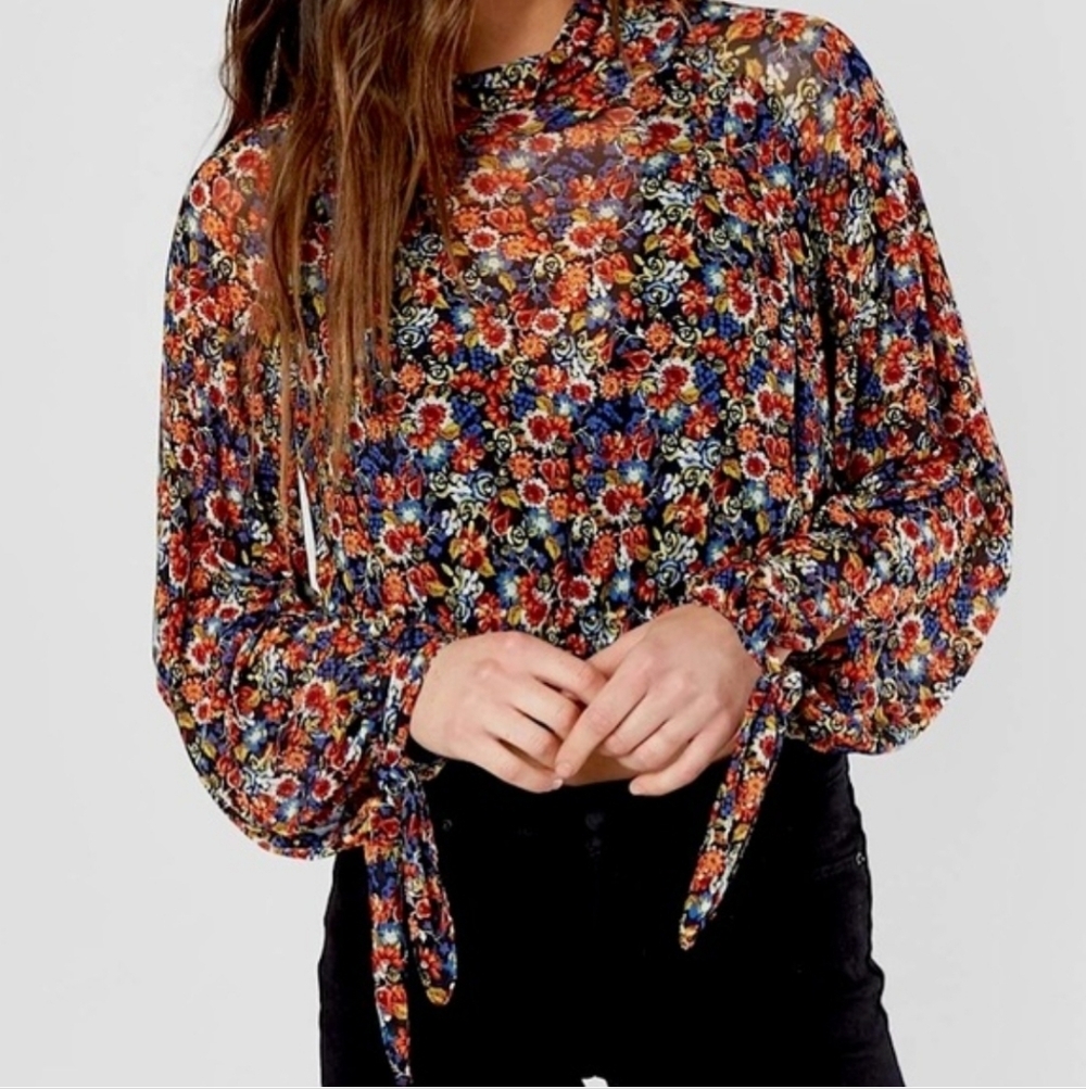 Free People All Dolled Up Floral Mesh Mock Neck Open Back Blouse